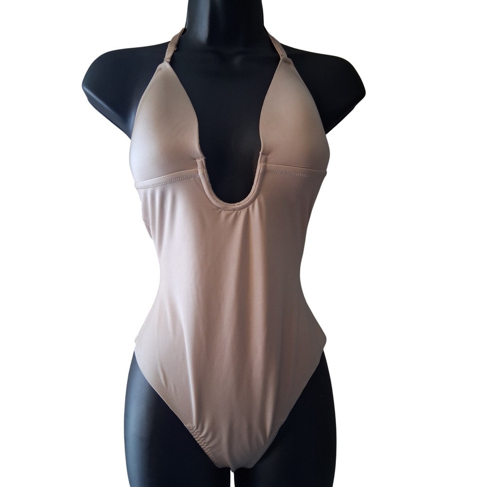 Spanx Suit Your‎ Fancy Plunge Low-Back Thong Bodysuit Beige Small 10156R